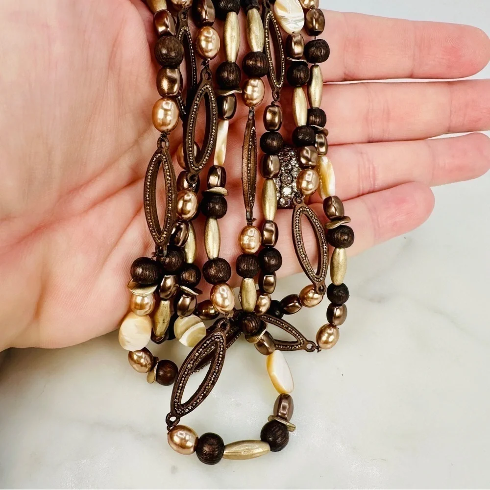Coldwater Creek Layered Beaded Necklace Brown and Mother of Pearl Adjustable